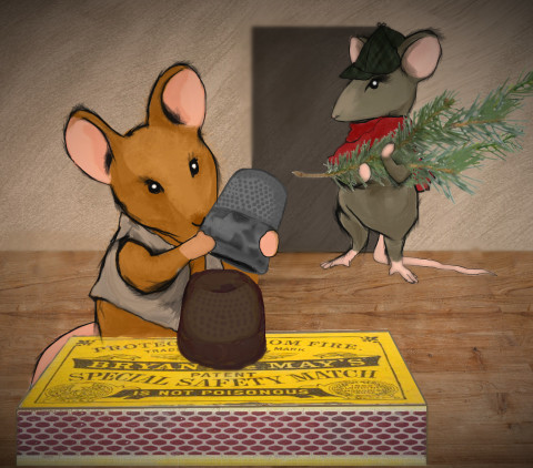 for ghostbees: Christmas Pudding Dawson Mouse unmolds a pudding from a thimble, while Basil of Baker Street carries festive greenery