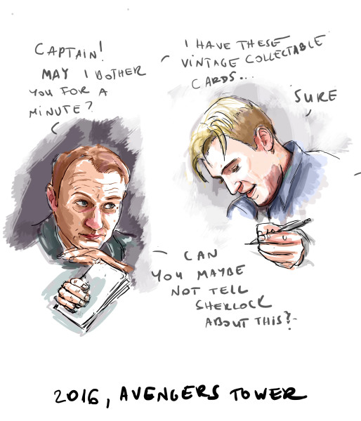 What Happens in the Desert Part 5 (kinkajou for mahmfic) Avengers Tower 2016: BBC Sherlock's Mycroft Holmes asking Steve Rogers for his autograph on collectible cards