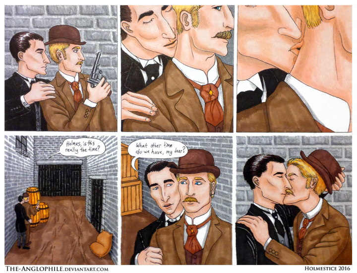 A Time For Us, pt 1 (theanglophile for alafaye) six panel comic of ACD Holmes kissing Watson on the neck, while they're waiting in an alley, gun drawn
